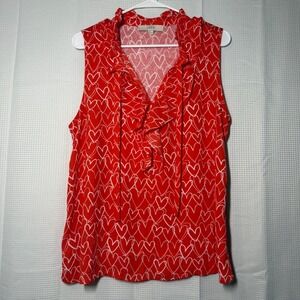 LOFT Sleeveless Blouse Large Red Heart Print Ruffle V-Neck Tie Top